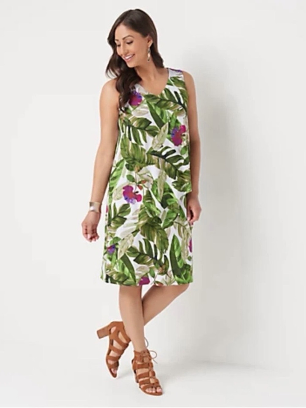 Susan Graver Liquid Knit Sleeveless Tiered Dress Green Palm Size Size Large